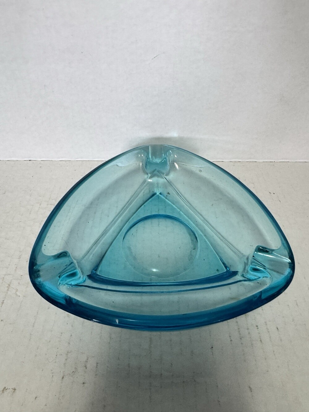Vintage Aqua Blue Glass Triangle Ashtray 7” Mid Century Modern Trinket Dish
